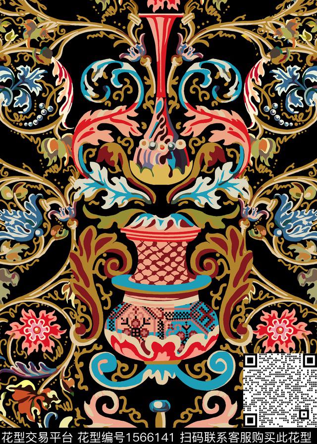 xj1059a.jpg - 1566141 - 花瓶 卷草 民族风 - 传统印花花型 － 墙纸花型设计 － 瓦栏