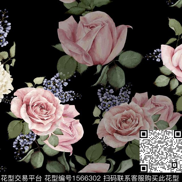 AJ-17.jpg - 1566302 - 黑底花卉 水彩花卉 影花 - 数码印花花型 － 女装花型设计 － 瓦栏