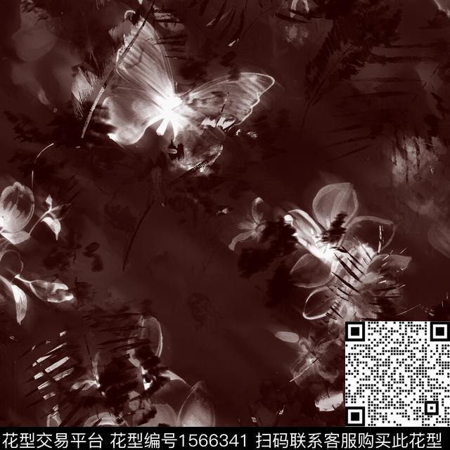 花卉蝴蝶水墨风数码印花花型下载（图片编号: 1566341） - 瓦栏（Walan）
