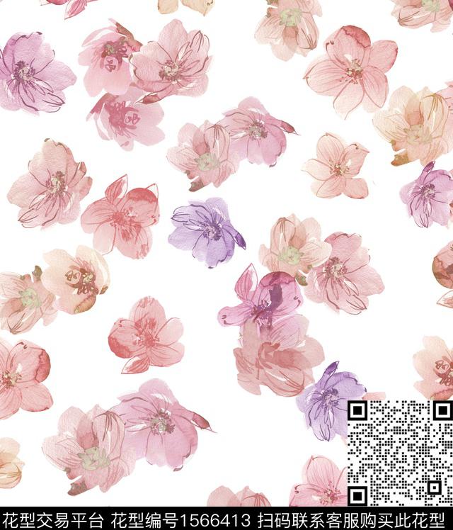 花卉抽象花卉水彩花卉数码印花花型下载（图片编号: 1566413） - 瓦栏（Walan）