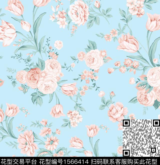 花卉清爽满版散花数码印花花型下载（图片编号: 1566414） - 瓦栏（Walan）