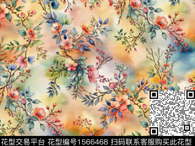 花卉满版散花绘画数码印花花型下载（图片编号: 1566468） - 瓦栏（Walan）