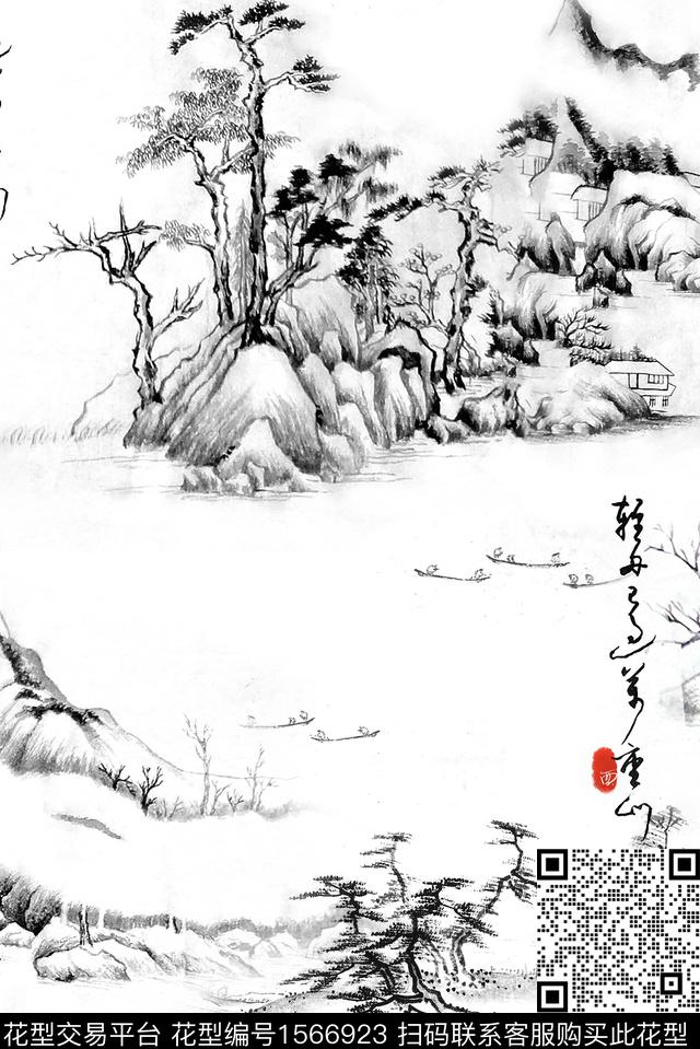 04213.jpg - 1566923 - 中国 水墨风 国画 - 数码印花花型 － 女装花型设计 － 瓦栏