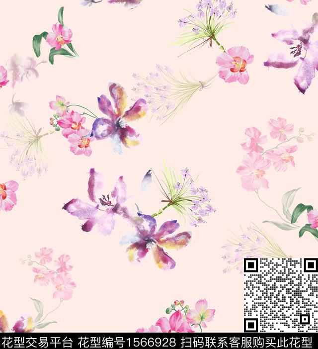 花卉连衣裙水彩花卉数码印花花型下载（图片编号: 1566928） - 瓦栏（Walan）