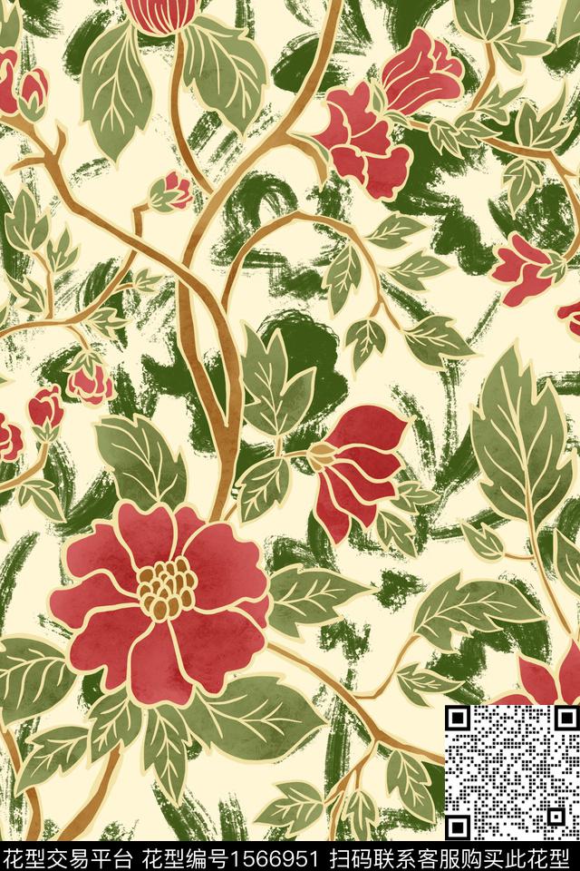 树枝花卉笔触数码印花花型下载（图片编号: 1566951） - 瓦栏（Walan）