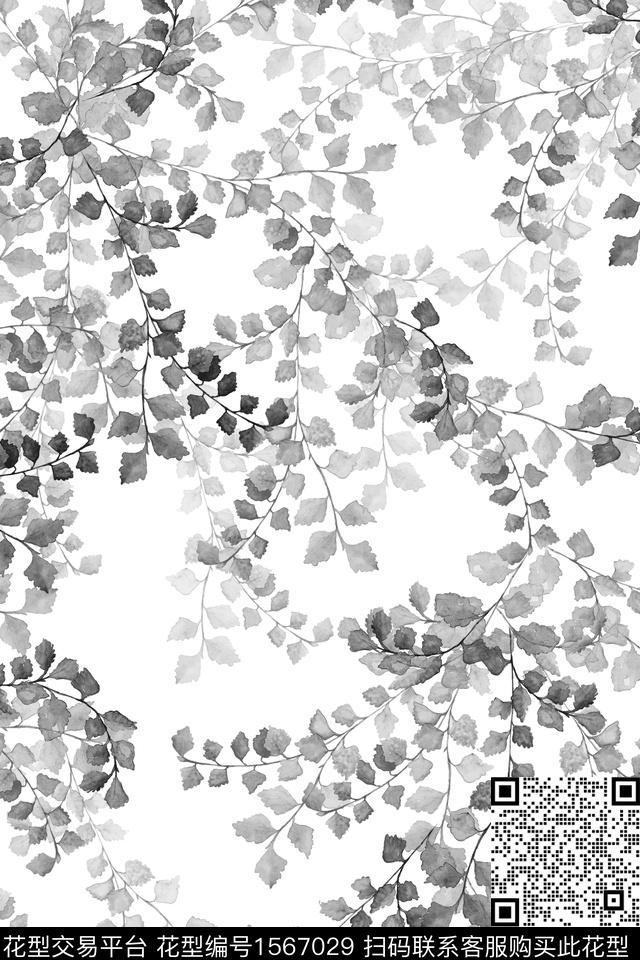 水彩绿植树叶黑白花型数码印花花型下载（图片编号: 1567029） - 瓦栏（Walan）