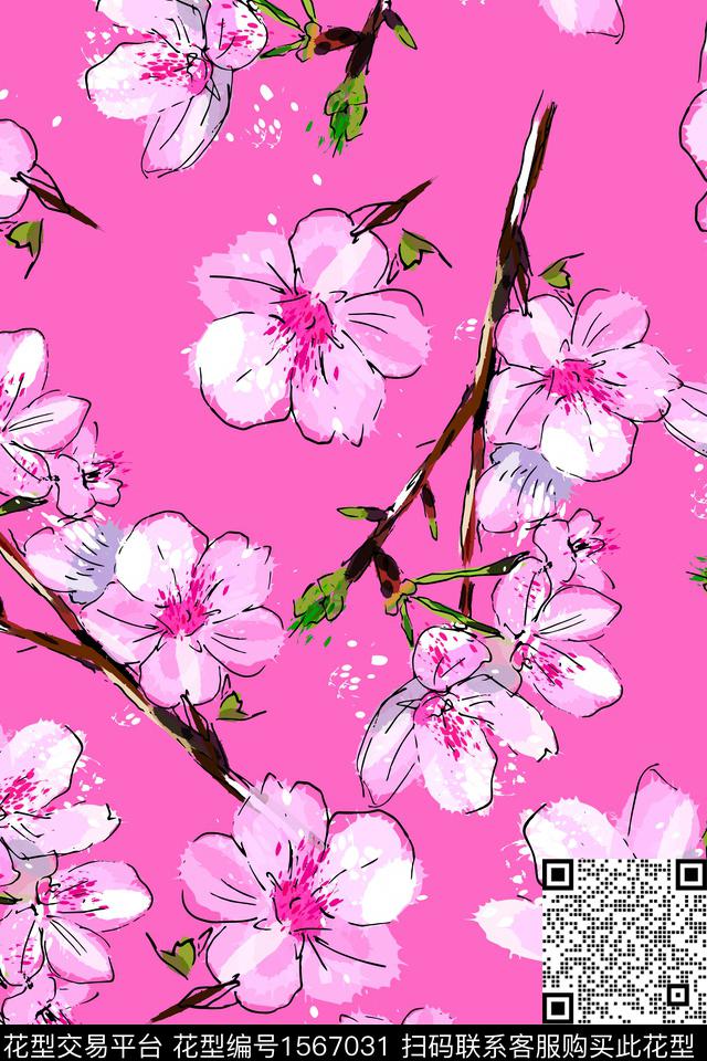 花卉枝条花墨迹数码印花花型下载（图片编号: 1567031） - 瓦栏（Walan）