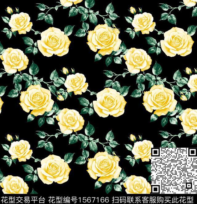 黑底花卉花卉玫瑰花数码印花花型下载（图片编号: 1567166） - 瓦栏（Walan）