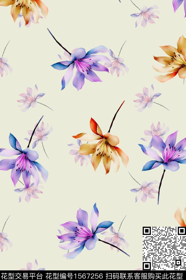 WC03216.jpg - 1567256 - 花卉 水彩花卉 清爽 - 数码印花花型 － 女装花型设计 － 瓦栏