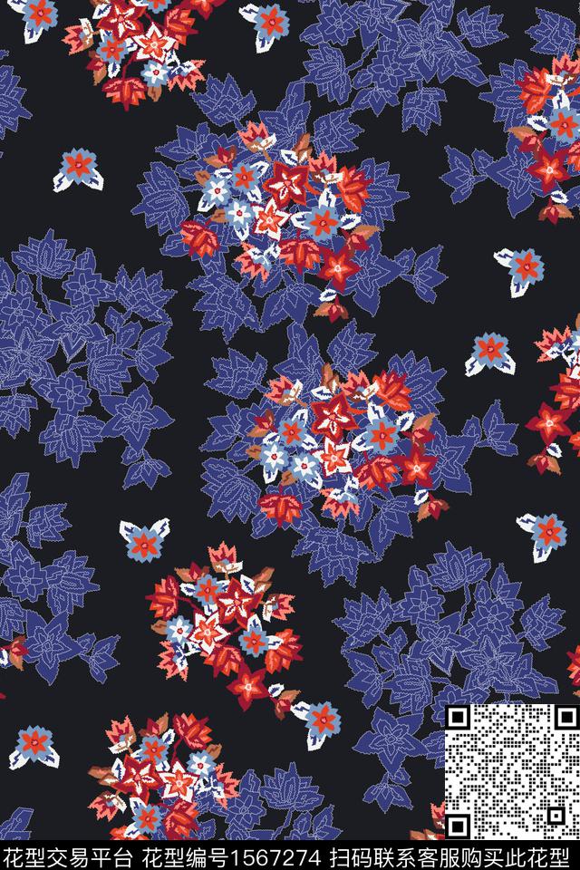 黑底花卉花卉线条花卉数码印花花型下载（图片编号: 1567274） - 瓦栏（Walan）