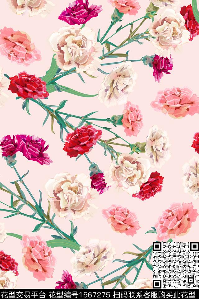 花卉清爽康乃馨数码印花花型下载（图片编号: 1567275） - 瓦栏（Walan）