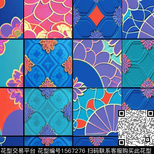 ZZ513 patte blu2.jpg - 1567276 - 墙纸 民族风 格子 - 数码印花花型 － 墙纸花型设计 － 瓦栏