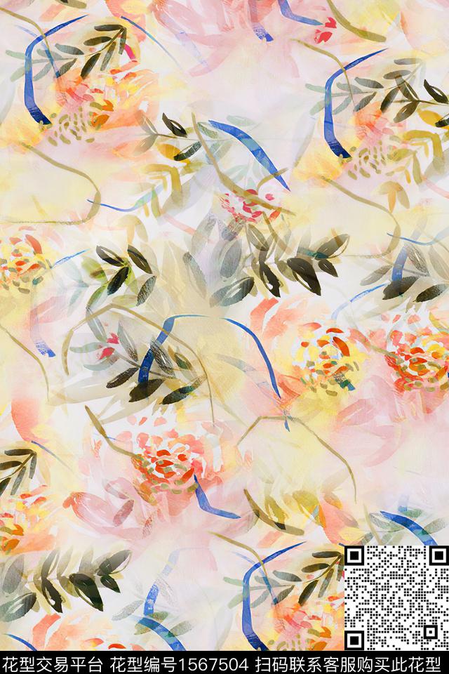 xz5453.jpg - 1567504 - 花卉 水彩花卉 抽象 - 数码印花花型 － 女装花型设计 － 瓦栏
