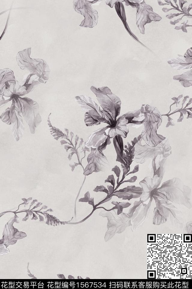 WL-1.jpg - 1567534 - 灰色花 手绘大花 水彩 - 数码印花花型 － 女装花型设计 － 瓦栏