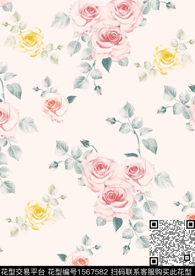 水彩花卉花卉清爽数码印花花型下载（图片编号: 1567582） - 瓦栏（Walan）
