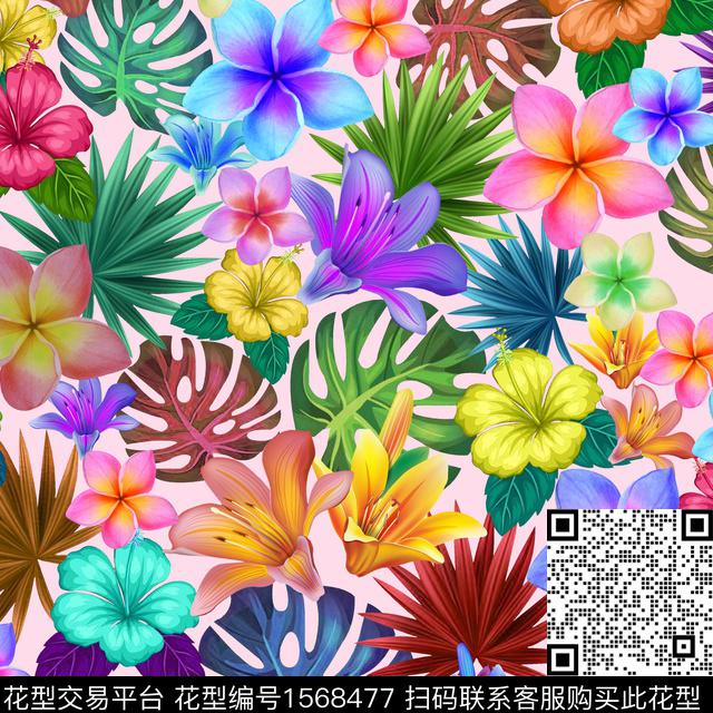 花卉满版散花热带数码印花花型下载（图片编号: 1568477） - 瓦栏（Walan）