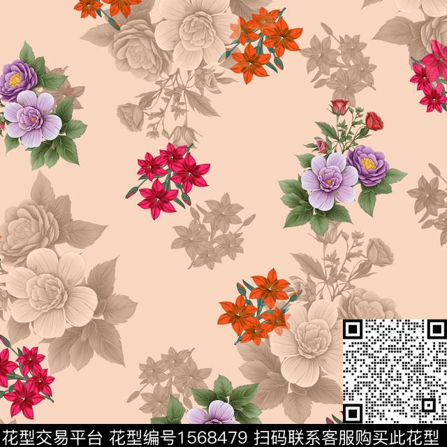 花卉影花满版散花数码印花花型下载（图片编号: 1568479） - 瓦栏（Walan）