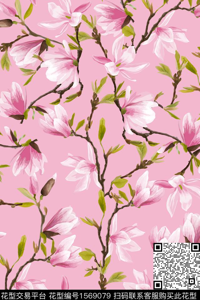 花卉玉兰花树枝数码印花花型下载（图片编号: 1569079） - 瓦栏（Walan）