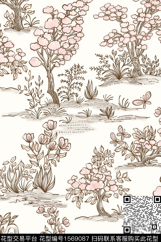 小清新花卉素描数码印花花型下载（图片编号: 1569087） - 瓦栏（Walan）