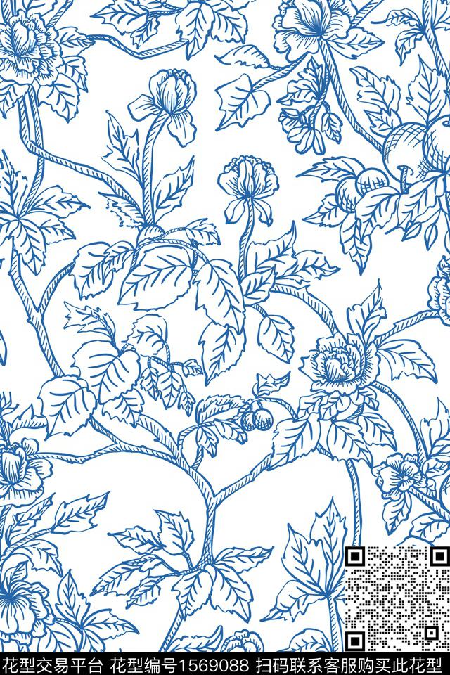 小清新花卉素描数码印花花型下载（图片编号: 1569088） - 瓦栏（Walan）