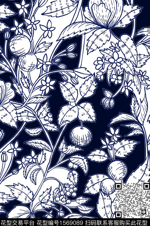 花卉素描水果数码印花花型下载（图片编号: 1569089） - 瓦栏（Walan）