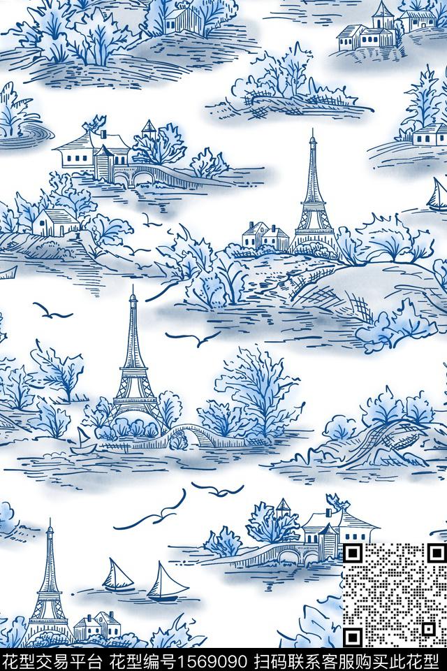 小清新风景景观素描数码印花花型下载（图片编号: 1569090） - 瓦栏（Walan）