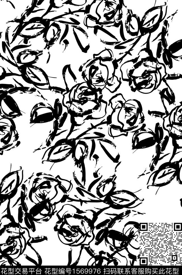 玫瑰花线条画数码印花花型下载（图片编号: 1569976） - 瓦栏（Walan）