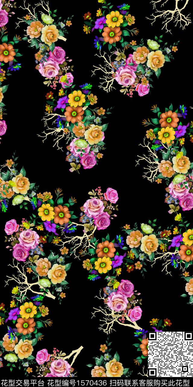 花卉黑底花卉中老年女装数码印花花型下载（图片编号: 1570436） - 瓦栏（Walan）