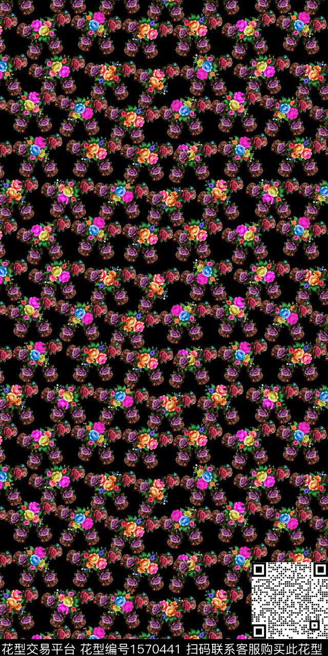 花卉黑底花卉中老年女装数码印花花型下载（图片编号: 1570441） - 瓦栏（Walan）