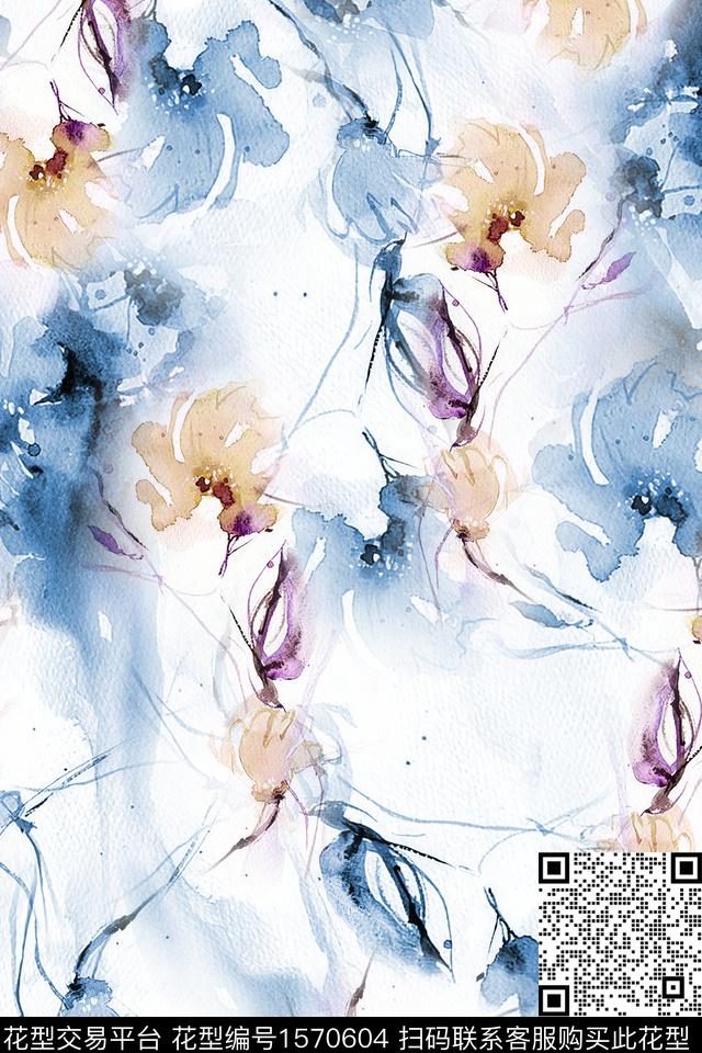 水彩花卉抽象花卉数码印花花型下载（图片编号: 1570604） - 瓦栏（Walan）