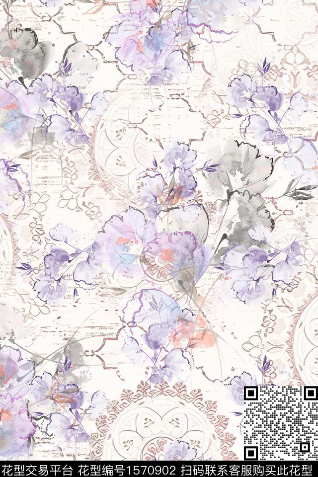花卉水彩花卉民族纹样数码印花花型下载（图片编号: 1570902） - 瓦栏（Walan）
