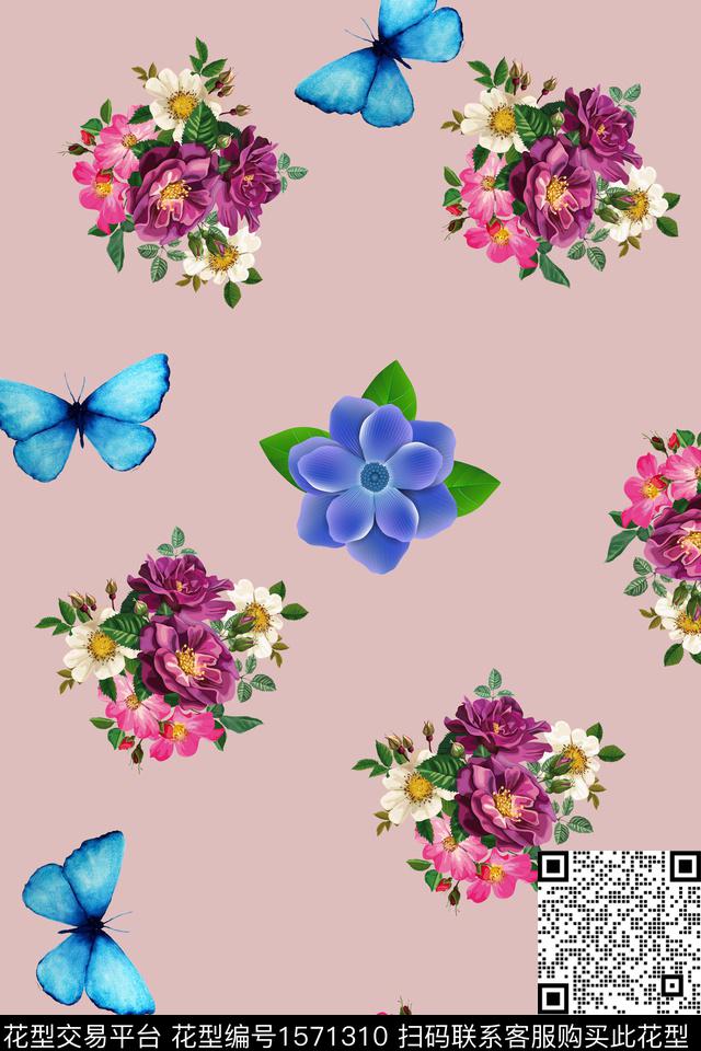 花卉蝴蝶数码印花花型下载（图片编号: 1571310） - 瓦栏（Walan）