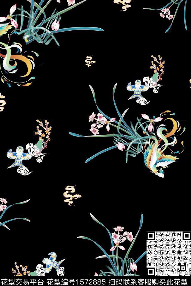 中国风黑底花卉纸鸢数码印花花型下载（图片编号: 1572885） - 瓦栏（Walan）