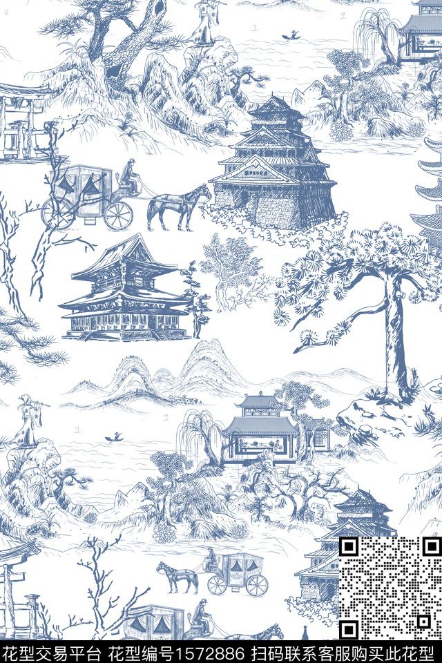 中国风青花伊苏纹数码印花花型下载（图片编号: 1572886） - 瓦栏（Walan）