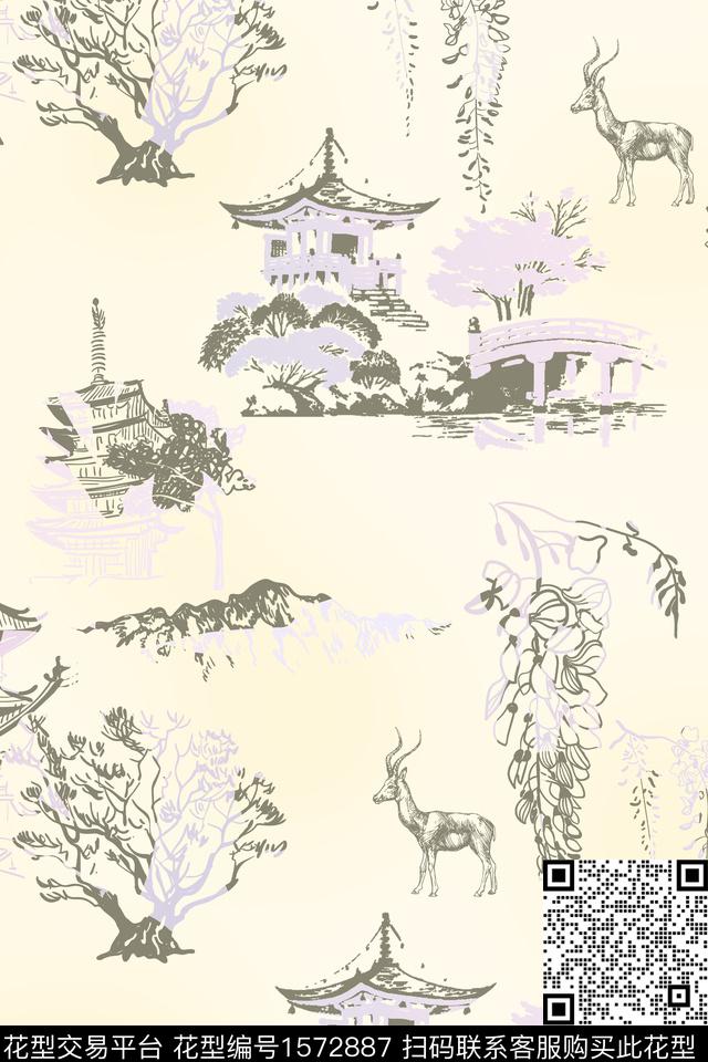 中国风建筑树数码印花花型下载（图片编号: 1572887） - 瓦栏（Walan）