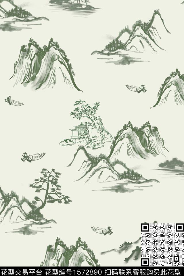 中国风山水帆船数码印花花型下载（图片编号: 1572890） - 瓦栏（Walan）