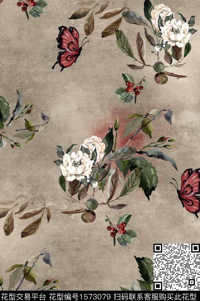 水彩花卉底纹蝴蝶数码印花花型下载（图片编号: 1573079） - 瓦栏（Walan）