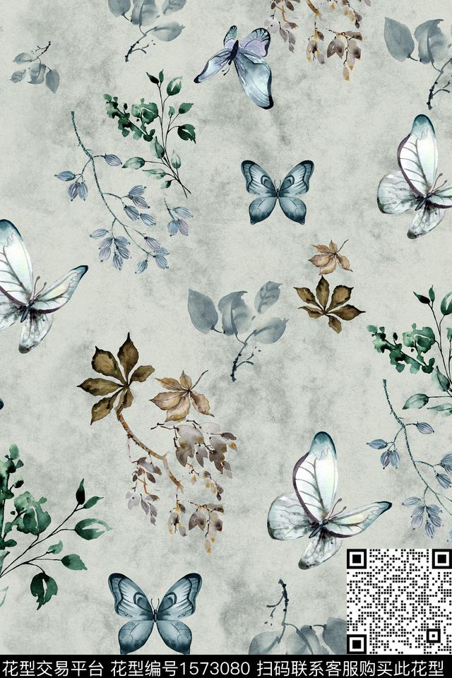水彩花卉底纹蝴蝶数码印花花型下载（图片编号: 1573080） - 瓦栏（Walan）