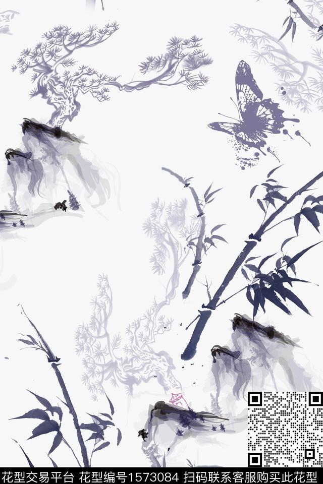 中国风水墨蝴蝶数码印花花型下载（图片编号: 1573084） - 瓦栏（Walan）