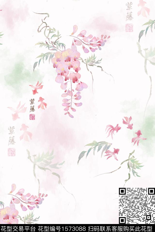 水彩花卉金鱼底纹数码印花花型下载（图片编号: 1573088） - 瓦栏（Walan）