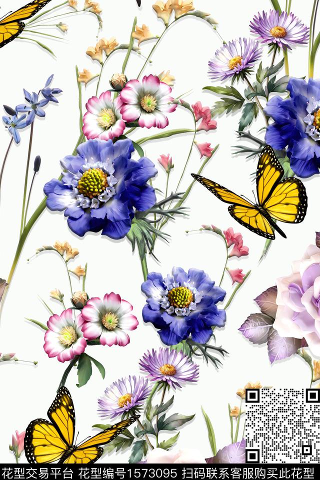 清爽花卉蝴蝶满版散花数码印花花型下载（图片编号: 1573095） - 瓦栏（Walan）
