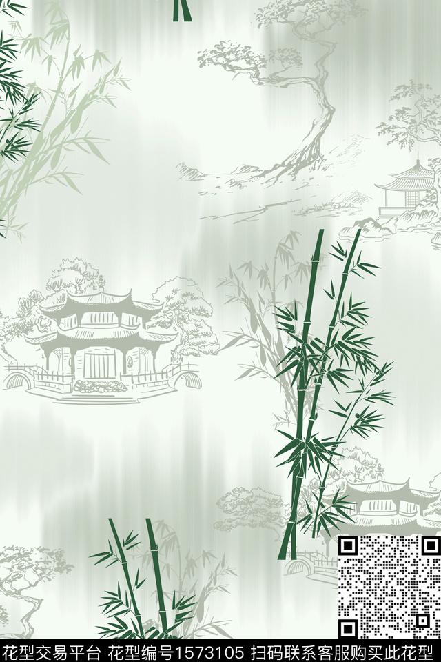 中国风建筑竹子数码印花花型下载（图片编号: 1573105） - 瓦栏（Walan）
