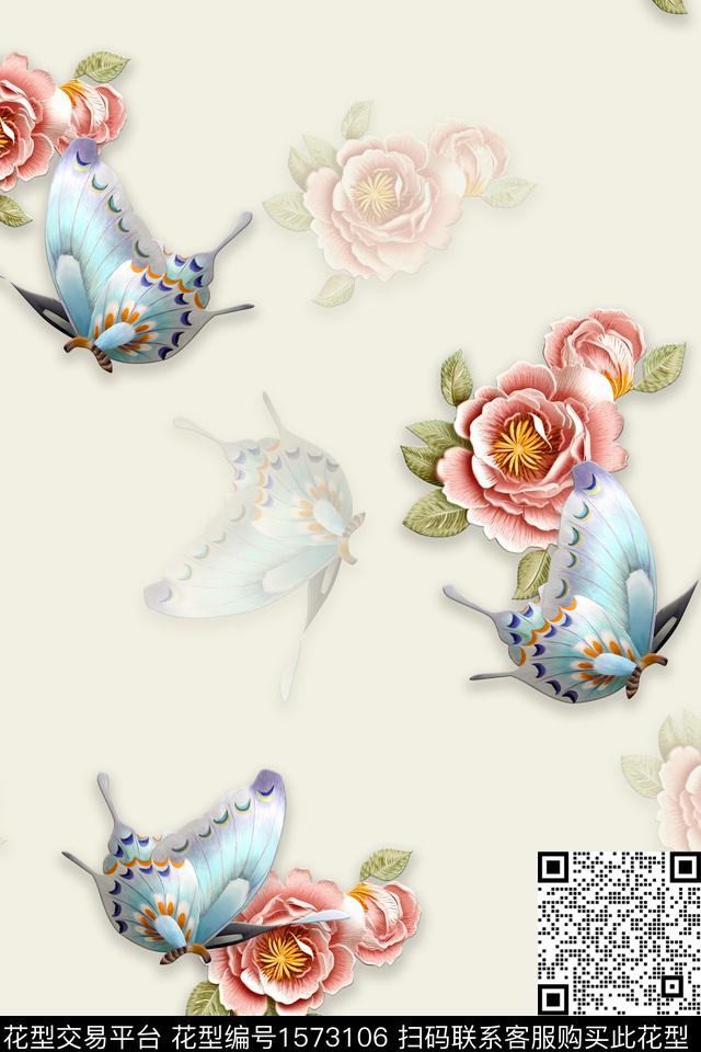 花卉蝴蝶阴影数码印花花型下载（图片编号: 1573106） - 瓦栏（Walan）