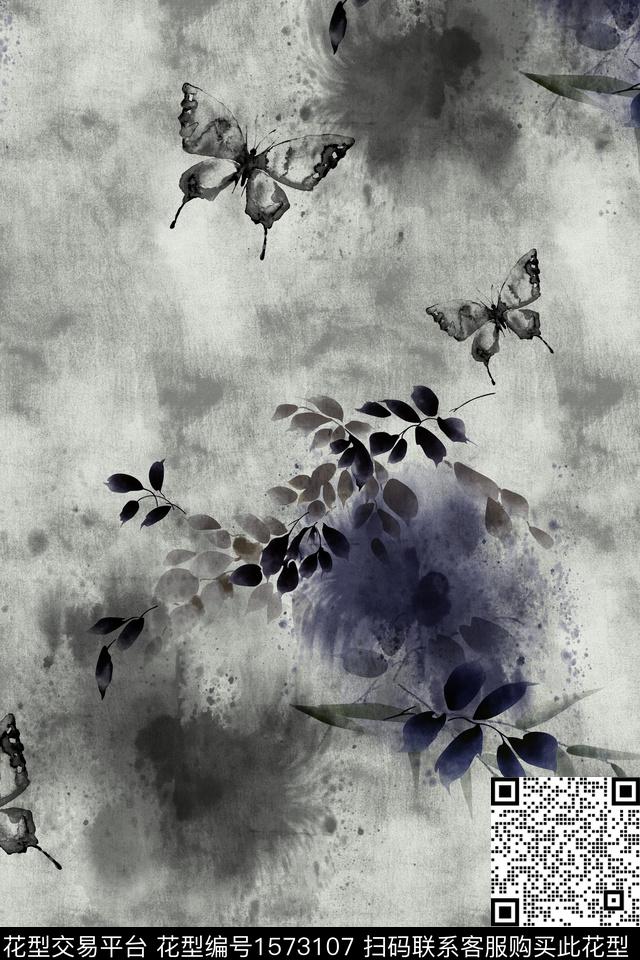 中国风水墨风蝴蝶数码印花花型下载（图片编号: 1573107） - 瓦栏（Walan）