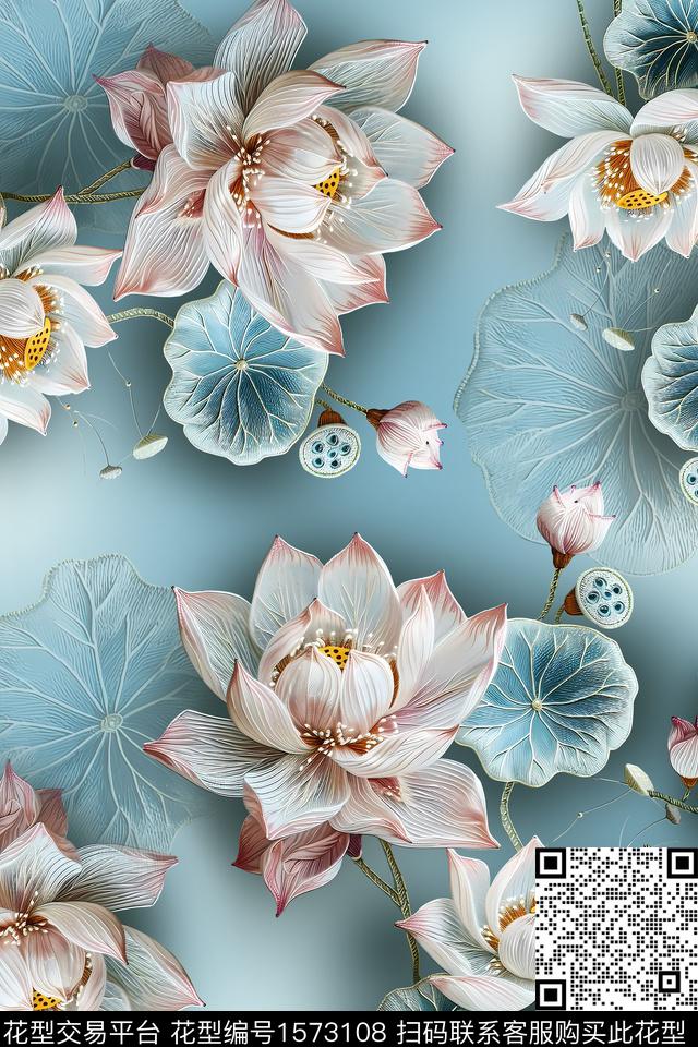 中国风荷花立体花卉数码印花花型下载（图片编号: 1573108） - 瓦栏（Walan）