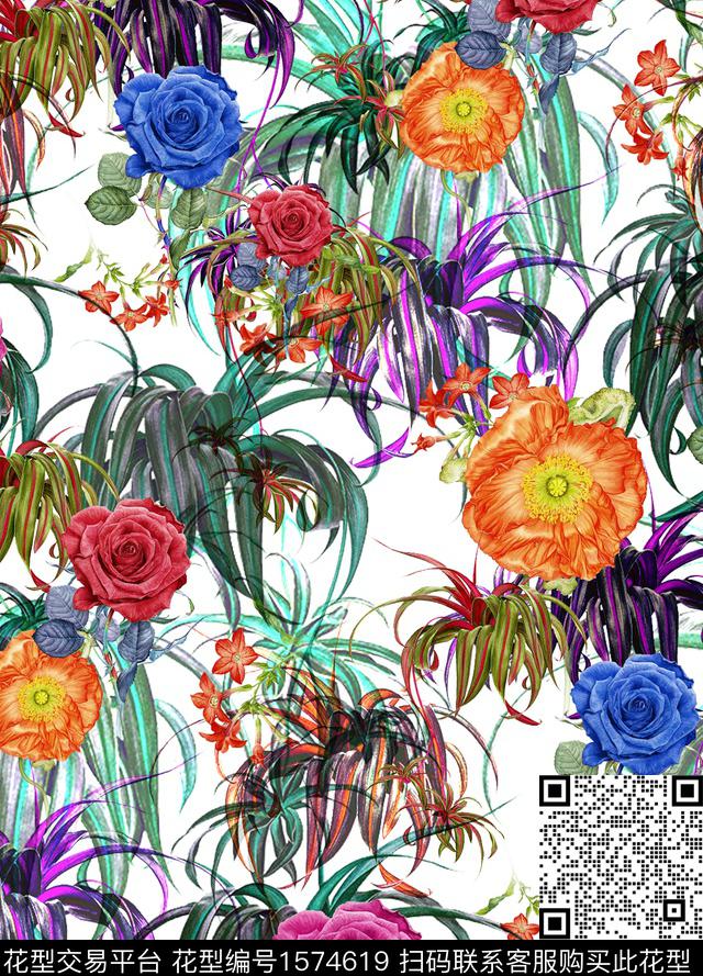 热带花型花卉满版散花数码印花花型下载（图片编号: 1574619） - 瓦栏（Walan）