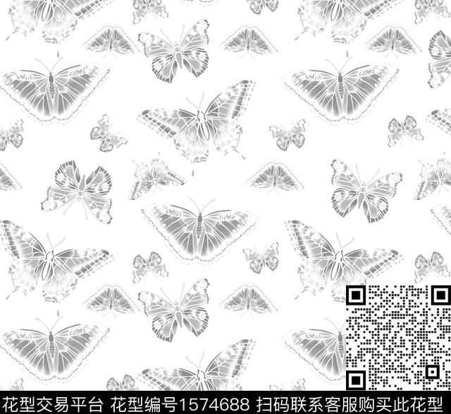 昆虫蝴蝶黑白数码印花花型下载（图片编号: 1574688） - 瓦栏（Walan）