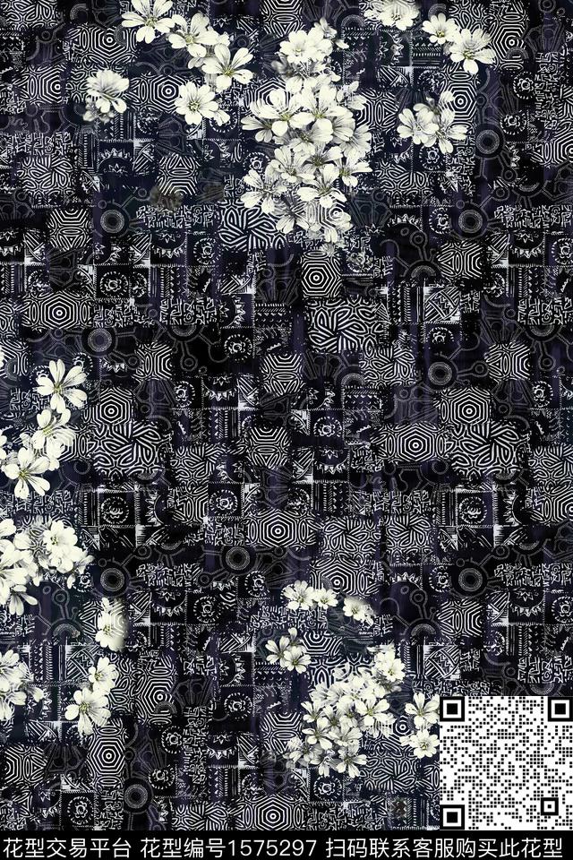 黑底花卉花卉中老年数码印花花型下载（图片编号: 1575297） - 瓦栏（Walan）