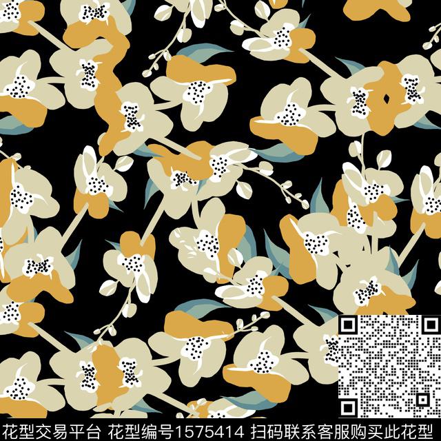 花卉黑底花卉平面花卉数码印花花型下载（图片编号: 1575414） - 瓦栏（Walan）