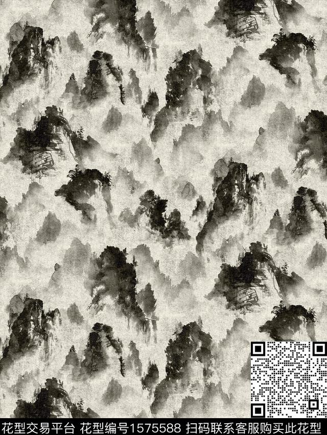 中国风山水水墨风数码印花花型下载（图片编号: 1575588） - 瓦栏（Walan）